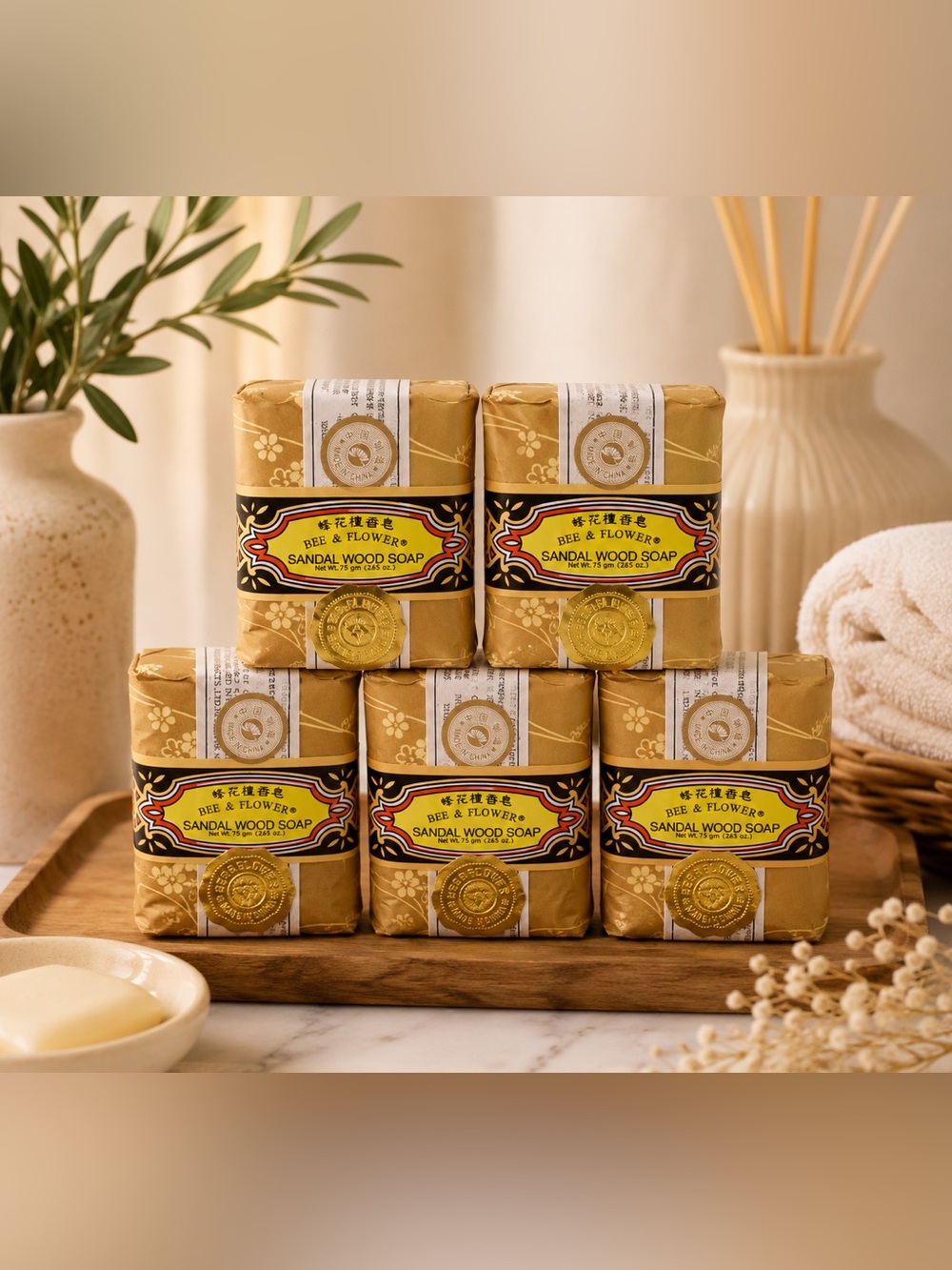 Bee & Flower Sandalwood Soap Set of 5 Bars 75g Each Vintage Wrapped Bath Soap